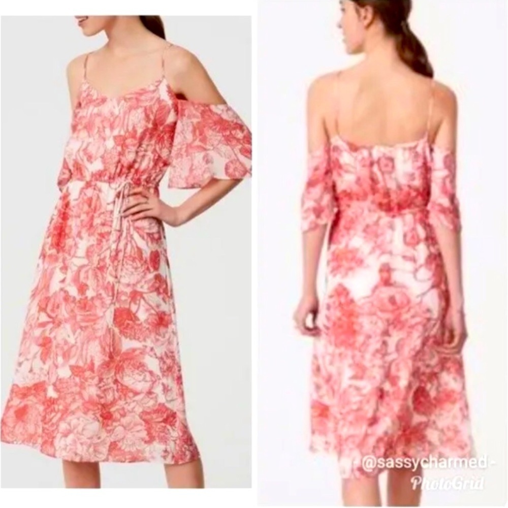 NWOT Ann Taylor Loft Red and White Print Off the Shoulder Tie Waist Midi Dress